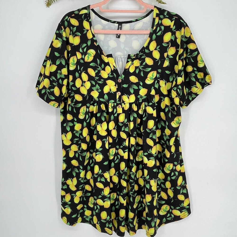 Allegrace Popover Lemon Knit‎ Blouse Womens Size 1X Buttons Relaxed Fit